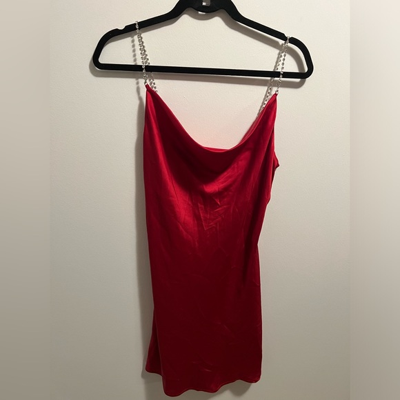 Garage. Red satin slip dress with rhinestone straps. Size M - Picture 1 of 5
